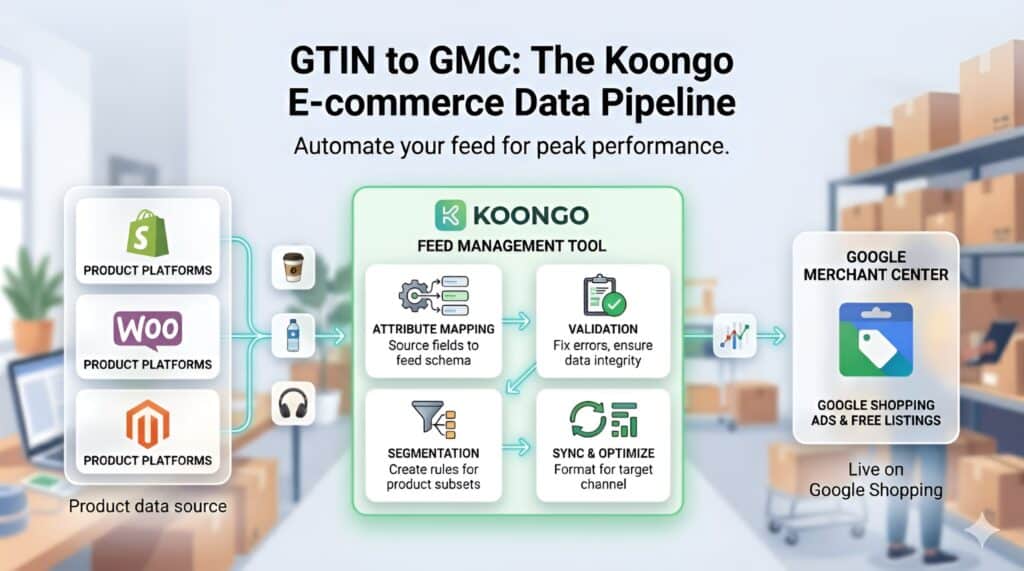 Koongo feedbeheer-workflow die Shopify-, WooCommerce- en Magento-productgegevens verbindt met Google Merchant Center voor Google Shopping-advertenties en gratis vermeldingen. Diagram toont het geautomatiseerde optimalisatieproces voor e-commercefeeds, inclusief GTIN-mapping, productfeedvalidatie, segmentatie, synchronisatie en attribuutoptimalisatie om de Google Shopping-prestaties te verbeteren en feedfouten te voorkomen. 