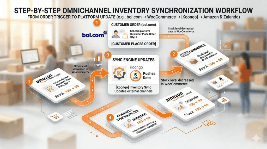 Omnichannel voorraad-synchronisatie workflow van klantbestelling tot automatische voorraadupdates over Amazon, bol.com, WooCommerce en Zalando