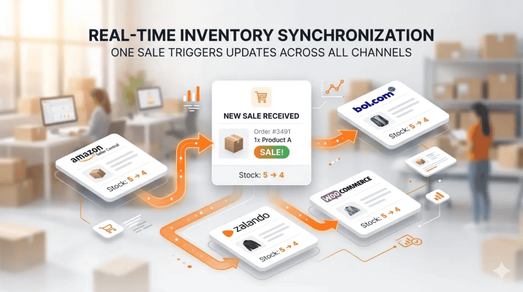Realtime voorraad-synchronisatie over Amazon, bol.com, Zalando en WooCommerce die automatische voorraadupdates toont na een verkoop om oververkoop te voorkomen.