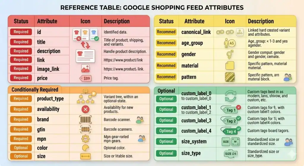 Referentietabel van Google Shopping-feedattributen met verplichte, voorwaardelijk verplichte, aanbevolen en optionele velden zoals titel, beschrijving, GTIN, merk, beschikbaarheid, aangepaste labels en maattabel-attributen, met iconen en beschrijvingen voor elk attribuuttype.