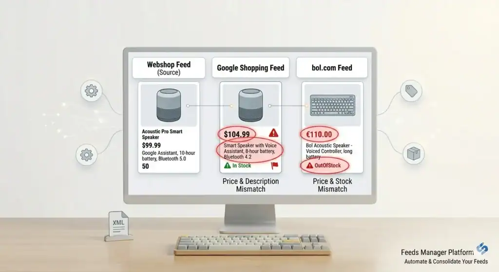 Illustratie van een multi-channel productfeed die afwijkende productgegevens toont tussen een webshop-bronfeed, Google Shopping-feed en bol.com-feed, met nadruk op prijsinconsistenties, voorraadafwijkingen en synchronisatiefouten in de productfeed over e-commerceplatforms heen.