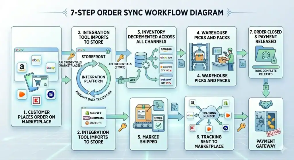 Diagram van de 7-stappen order-synchronisatie workflow die laat zien hoe marktplaatsbestellingen worden verwerkt via een e-commerce integratiesysteem. Stap 1 toont een klant die een bestelling plaatst op marktplaatsen zoals Amazon, eBay, Zalando, Kaufland en Bol.com. Stap 2 toont een integratieplatform dat bestellingen importeert in winkelsystemen zoals Shopify, WooCommerce en Magento met behulp van API-gegevens. Stap 3 toont de voorraad die automatisch wordt bijgewerkt op alle verkoopkanalen. Stap 4 illustreert magazijnmedewerkers die de bestelling verzamelen en inpakken. Stap 5 markeert de bestelling als verzonden. Stap 6 stuurt trackinginformatie terug naar de marktplaatsen. Stap 7 sluit de bestelling af en geeft de betaling vrij via de betaalgateway.       