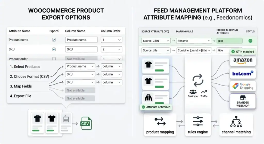 Directe vergelijking van WooCommerce-productexportopties en de interface voor attribuutmapping van een feedbeheerplatform, waarbij wordt getoond hoe productgegevens worden gekoppeld, geoptimaliseerd en gesynchroniseerd met Google Shopping, Amazon, bol.com en merkwebshops.