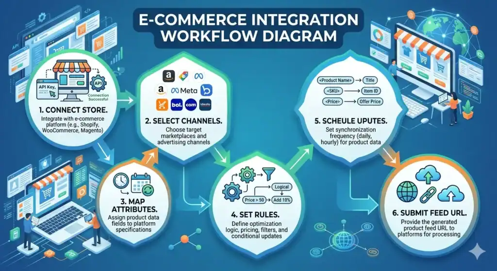 Diagram van de e-commerce integratieworkflow dat het volledige proces van productfeedmanagement voor multichannel verkoop laat zien. De illustratie legt uit hoe Shopify-, WooCommerce- en Magento-winkels verbinding maken met marktplaatsen en advertentiekanalen, waaronder Amazon, Meta Ads, bol.com, Google Shopping en Idealo. De workflow omvat mapping van productattributen, regels voor feed-optimalisatie, planning van voorraadsynchronisatie, transformatie van productgegevens, geautomatiseerde feed-updates en indiening van de feed-URL voor marktplaatsintegratie en automatisering van productvermeldingen.  