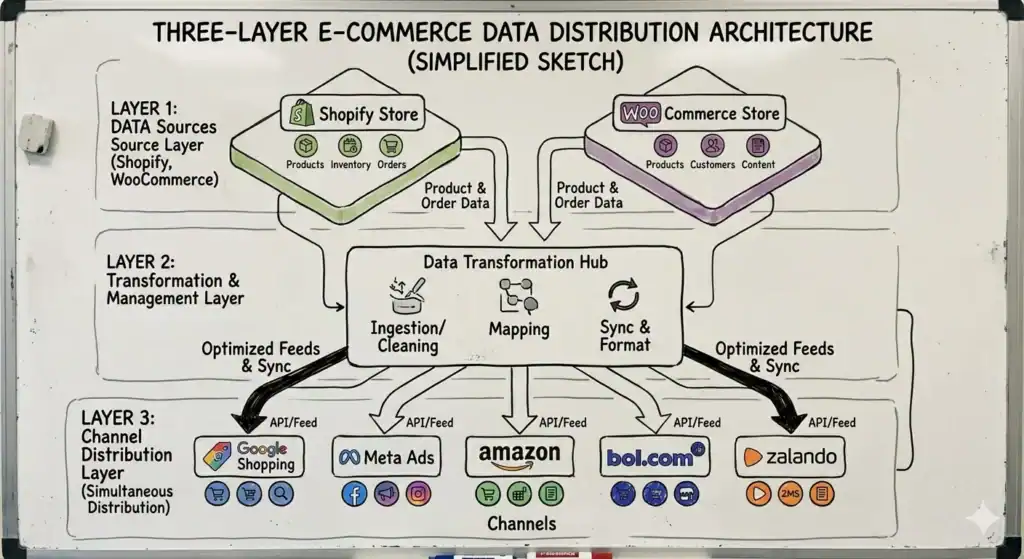 Diagram van een architectuur met drie lagen voor de distributie van e-commercegegevens. De eerste laag bestaat uit gegevensbronnen - Shopify Store en WooCommerce Store met producten, voorraad, bestellingen, klanten en inhoud. De gegevens stromen naar de tweede laag, de Data Transformation Hub, waar gegevensinvoer, opschoning, mapping en synchronisatie plaatsvinden. Vervolgens worden geoptimaliseerde feeds via API's gedistribueerd naar de derde laag van kanalen, waaronder Google Shopping, Meta Ads, Amazon, bol.com en Zalando. Het diagram illustreert centraal beheer en gelijktijdige distributie van e-commercegegevens over meerdere platforms.    
