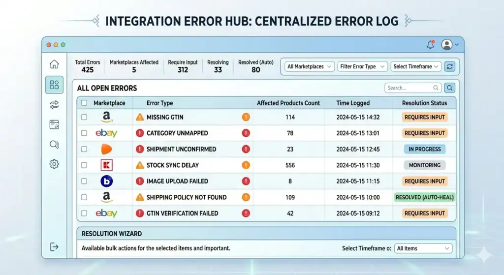 Dashboard-interface getiteld “Integration Error Hub: Centralized Error Log” die marktplaatsintegratieproblemen toont op meerdere e-commerce platforms. Het scherm toont foutstatistieken, waaronder totaal aantal fouten, getroffen marktplaatsen en items die input vereisen. Een centrale tabel toont openstaande fouten van Amazon, eBay, Zalando, Kaufland en Bol.com, met problemen zoals ontbrekende GTIN, categorie niet gekoppeld, verzending niet bevestigd, vertraging in voorraad-synchronisatie, uploaden van afbeelding mislukt en GTIN-verificatie mislukt. Elke rij bevat het aantal getroffen producten, tijdstempel en resolutiestatus zoals “Input vereist”, “In behandeling”, “Monitoring” of “Opgelost (Auto-Heal)”. De interface bevat ook filters, zoekfunctionaliteit en een sectie met een wizard voor het in bulk oplossen van problemen.    