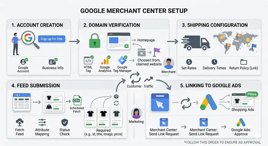 Stapsgewijs diagram voor de installatie van Google Merchant Center met accountcreatie, domeinverificatie, verzendconfiguratie, indiening van de productfeed en het koppelen van Merchant Center aan Google Ads voor Shopping-campagnes en Performance Max-advertenties.
