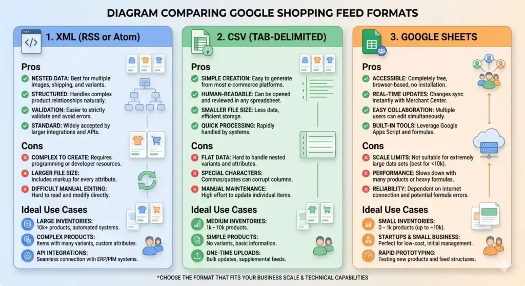 Infographic die Google Shopping-feedformaten vergelijkt: XML, CSV en Google Sheets, inclusief hun voor- en nadelen en ideale gebruiksscenario's voor verschillende groottes van e-commerce winkels en automatiseringsbehoeften.