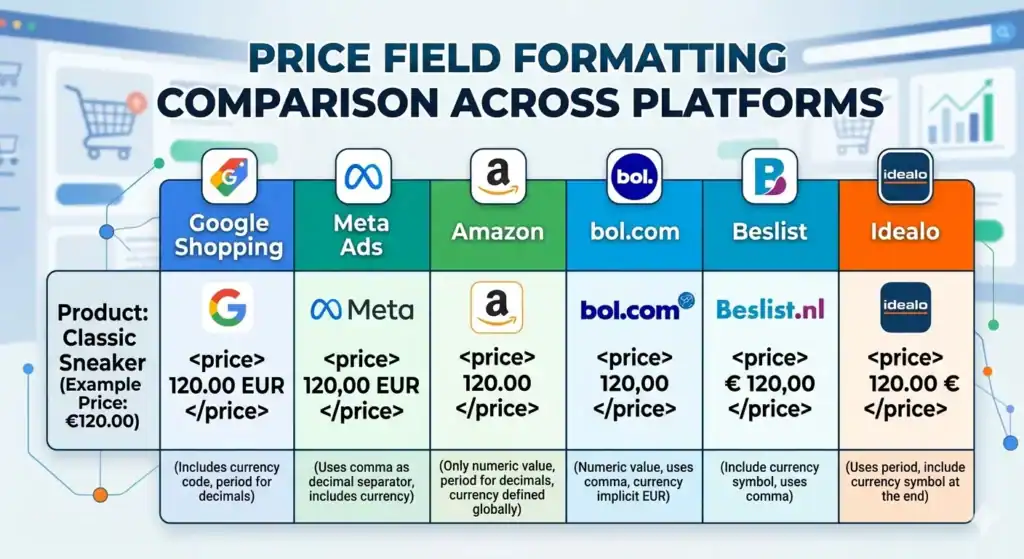 Vergelijkingstabel die laat zien hoe productprijsvelden verschillend moeten worden geformatteerd op e-commerceplatformen en marktplaatsen, waaronder Google Shopping, Meta Ads, Amazon, bol.com, Beslist en Idealo. Het diagram legt de regels voor de opmaak van prijsattributen in productfeeds uit, evenals verschillen in XML-prijsstructuur, vereisten voor valuta-opmaak, decimaalscheidingstekens, specificaties voor marktplaatsfeeds en cross-platform mapping van productgegevens voor multichannel e-commerce feedmanagement. 
