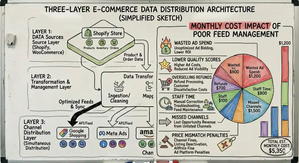 Alt-tekst:
Handgetekende infographic getiteld "Drielagige E-commerce Gegevensdistributie Architectuur (Vereenvoudigde Schets)" weergegeven op een whiteboard. Aan de linkerkant legt het diagram een drielagig systeem uit voor het distribueren van e-commercegegevens. Laag 1 toont gegevensbronnen zoals Shopify Store en WooCommerce met producten, voorraad en bestellingen. Pijlen leiden naar Laag 2, een sectie "Data Transformation" waar gegevensinvoer, opschoning, mapping en synchronisatie plaatsvinden. Geoptimaliseerde feeds worden vervolgens via API's gedistribueerd naar Laag 3-kanalen, waaronder Google Shopping, Meta Ads en Amazon.    

Aan de rechterkant illustreert een sectie getiteld "Maandelijkse kostenimpact van slecht feedbeheer" de bedrijfsverliezen veroorzaakt door slecht productfeedbeheer. Het somt problemen op zoals verspilde advertentie-uitgaven, lagere kwaliteitsscores, terugbetalingen door oververkoop, personeelstijd, gemiste verkoopkanalen en boetes voor prijsverschillen. Een kleurrijk cirkeldiagram en staafdiagram visualiseren de geschatte maandelijkse verliezen, waarbij de totale geschatte maandelijkse kosten worden weergegeven als $ 5.350.  
