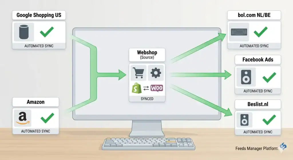 Diagram dat geautomatiseerde multi-channel productfeedsynchronisatie toont van een webshopbron naar Google Shopping, Amazon, bol.com, Facebook Ads en Beslist.nl, met gecentraliseerd voorraad- en productgegevensbeheer over meerdere e-commerceplatforms.
