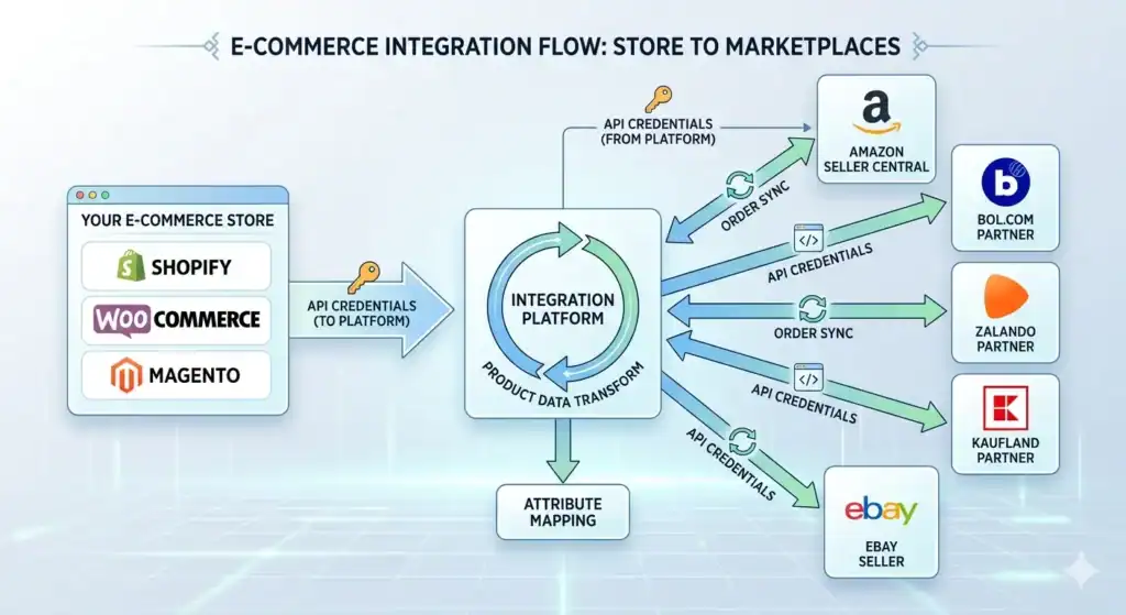 Diagram dat de integratiestroom illustreert tussen een e-commerce winkel en meerdere marktplaatsplatforms. Aan de linkerkant zijn Shopify, WooCommerce en Magento verbonden via API-gegevens met een centraal integratieplatform. Het platform verzorgt de transformatie van productgegevens, order-synchronisatie en attribuut-mapping. Aan de rechterkant bevinden zich Amazon Seller Central, Bol.com Partner, Zalando Partner, Kaufland Partner en eBay Seller, verbonden via API-gegevens en order-synchronisatieprocessen.   