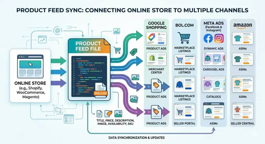 Gedetailleerd diagram van productfeed-synchronisatie dat laat zien hoe een online winkel die Shopify, WooCommerce of Magento gebruikt, productgegevens via XML- en CSV-productfeedbestanden verzendt naar meerdere verkoop- en advertentiekanalen, waaronder Google Shopping, Amazon, bol.com en Meta Ads. De illustratie legt marktplaats-feedmanagement, geautomatiseerde voorraadsynchronisatie, productgegevensmapping, Merchant Center-integratie, ASIN-beheer, dynamische advertenties, catalogussynchronisatie en real-time e-commerce multichannel productfeed-updates uit. 