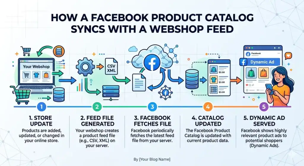 Synchronisatieproces van de Facebook-productcatalogus dat laat zien hoe een webshop een productfeed-bestand (CSV/XML) genereert, Facebook de feed ophaalt, de productcatalogus bijwerkt en dynamische advertenties met actuele productgegevens aan shoppers toont.