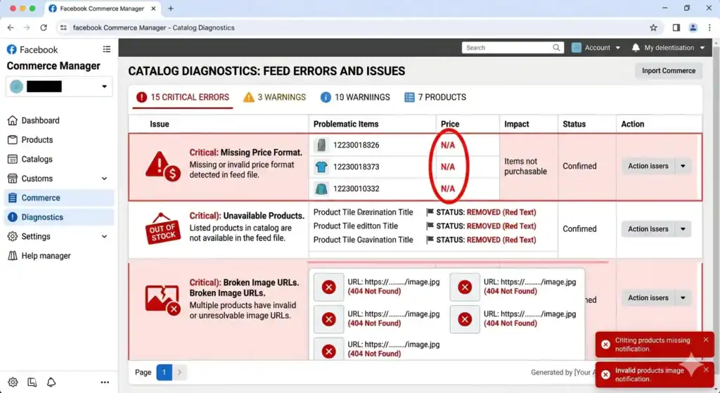 Screenshot van Facebook Commerce Manager Catalog Diagnostics die veelvoorkomende productfeedfouten toont, waaronder ontbrekende prijsformaten, niet-beschikbare producten, defecte afbeeldings-URL's en catalogusproblemen die van invloed zijn op dynamische Facebook-advertenties.
