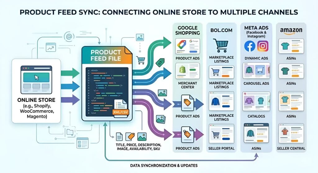 Gedetailleerd diagram van productfeed-synchronisatie dat laat zien hoe een online winkel die Shopify, WooCommerce of Magento gebruikt, productgegevens via XML- en CSV-productfeedbestanden verzendt naar meerdere verkoop- en advertentiekanalen, waaronder Google Shopping, Amazon, bol.com en Meta Ads. De illustratie legt marktplaats-feedmanagement, geautomatiseerde voorraadsynchronisatie, productgegevensmapping, Merchant Center-integratie, ASIN-beheer, dynamische advertenties, catalogussynchronisatie en real-time e-commerce multichannel productfeed-updates uit. 
