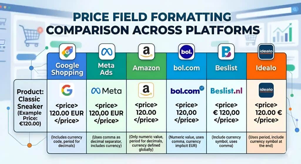 Vergelijkingstabel die laat zien hoe productprijsvelden verschillend moeten worden geformatteerd op e-commerceplatformen en marktplaatsen, waaronder Google Shopping, Meta Ads, Amazon, bol.com, Beslist en Idealo. Het diagram legt de regels voor de opmaak van prijsattributen in productfeeds uit, evenals verschillen in XML-prijsstructuur, vereisten voor valuta-opmaak, decimaalscheidingstekens, specificaties voor marktplaatsfeeds en cross-platform mapping van productgegevens voor multichannel e-commerce feedmanagement. 