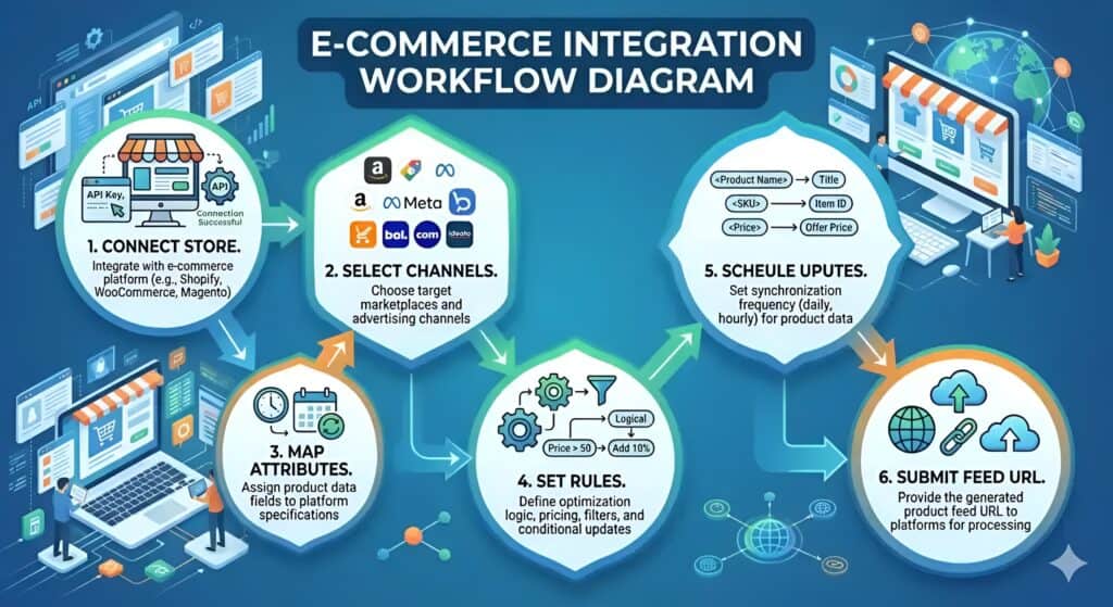 Diagram van de e-commerce integratieworkflow dat het volledige proces van productfeedmanagement voor multichannel verkoop laat zien. De illustratie legt uit hoe Shopify-, WooCommerce- en Magento-winkels verbinding maken met marktplaatsen en advertentiekanalen, waaronder Amazon, Meta Ads, bol.com, Google Shopping en Idealo. De workflow omvat mapping van productattributen, regels voor feed-optimalisatie, planning van voorraadsynchronisatie, transformatie van productgegevens, geautomatiseerde feed-updates en indiening van de feed-URL voor marktplaatsintegratie en automatisering van productvermeldingen.  