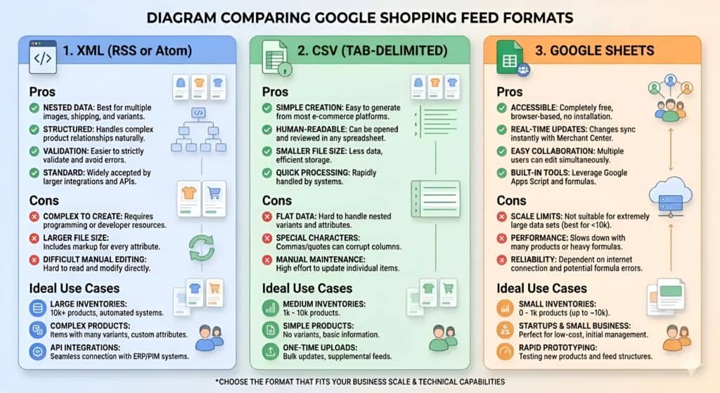 Infographic die Google Shopping-feedformaten vergelijkt: XML, CSV en Google Sheets, inclusief hun voor- en nadelen en ideale gebruiksscenario's voor verschillende groottes van e-commerce winkels en automatiseringsbehoeften.