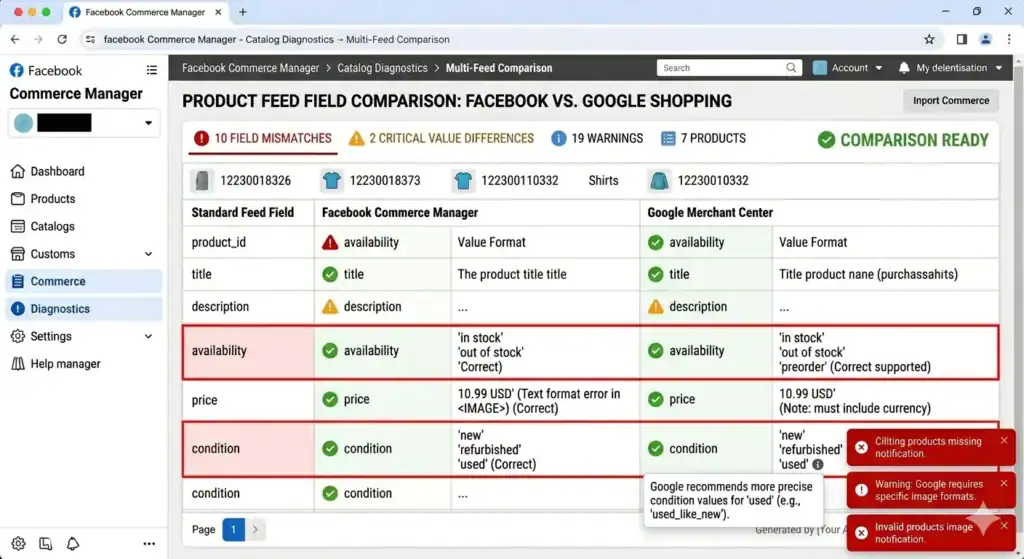 Vergelijkingstabel met verschillen tussen de productfeedvelden van Facebook Commerce Manager en Google Merchant Center, inclusief beschikbaarheid, prijsopmaak, conditiewaarden en veelvoorkomende waarschuwingen over feed-verschillen op beide platforms.
