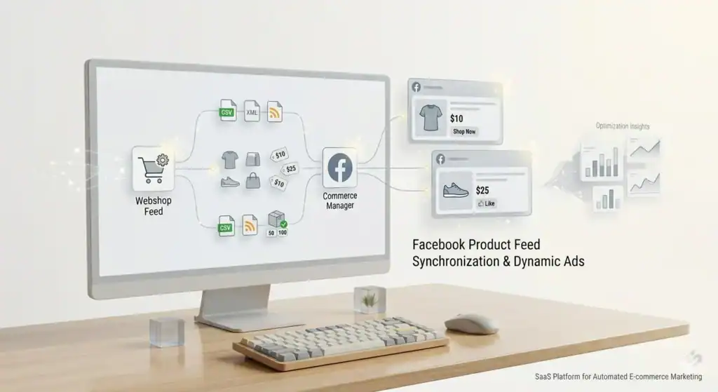 Minimale werkplekillustratie die een productfeed van een webshop toont die is verbonden met Facebook Commerce Manager, met geautomatiseerde productsynchronisatie, dynamische Facebook-advertenties, prijsgegevens en e-commerce-analyses op een schone, lichte achtergrond.
