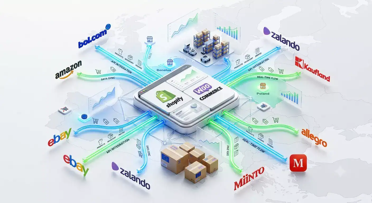 Uitgelichte illustratie die multichannel e-commercebeheer toont met Amazon, bol.com, Zalando, Kaufland, eBay, Allegro, Miinto, Shopify en WooCommerce, verbonden via realtime voorraad-synchronisatie, orderbeheer en marktplaatsintegraties in heel Europa.