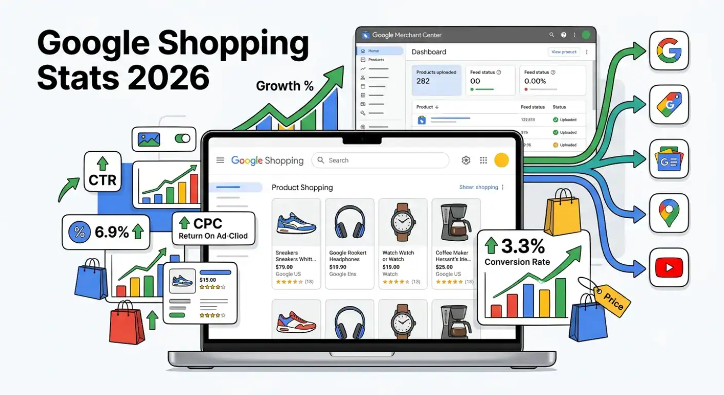 Uitgelichte illustratie voor Google Shopping-statistieken 2026 met Google Shopping, Google Merchant Center, e-commerce analytics-dashboards, productfeeds en prestatiemetrieken inclusief CTR, CPC, ROAS en conversieratio's.