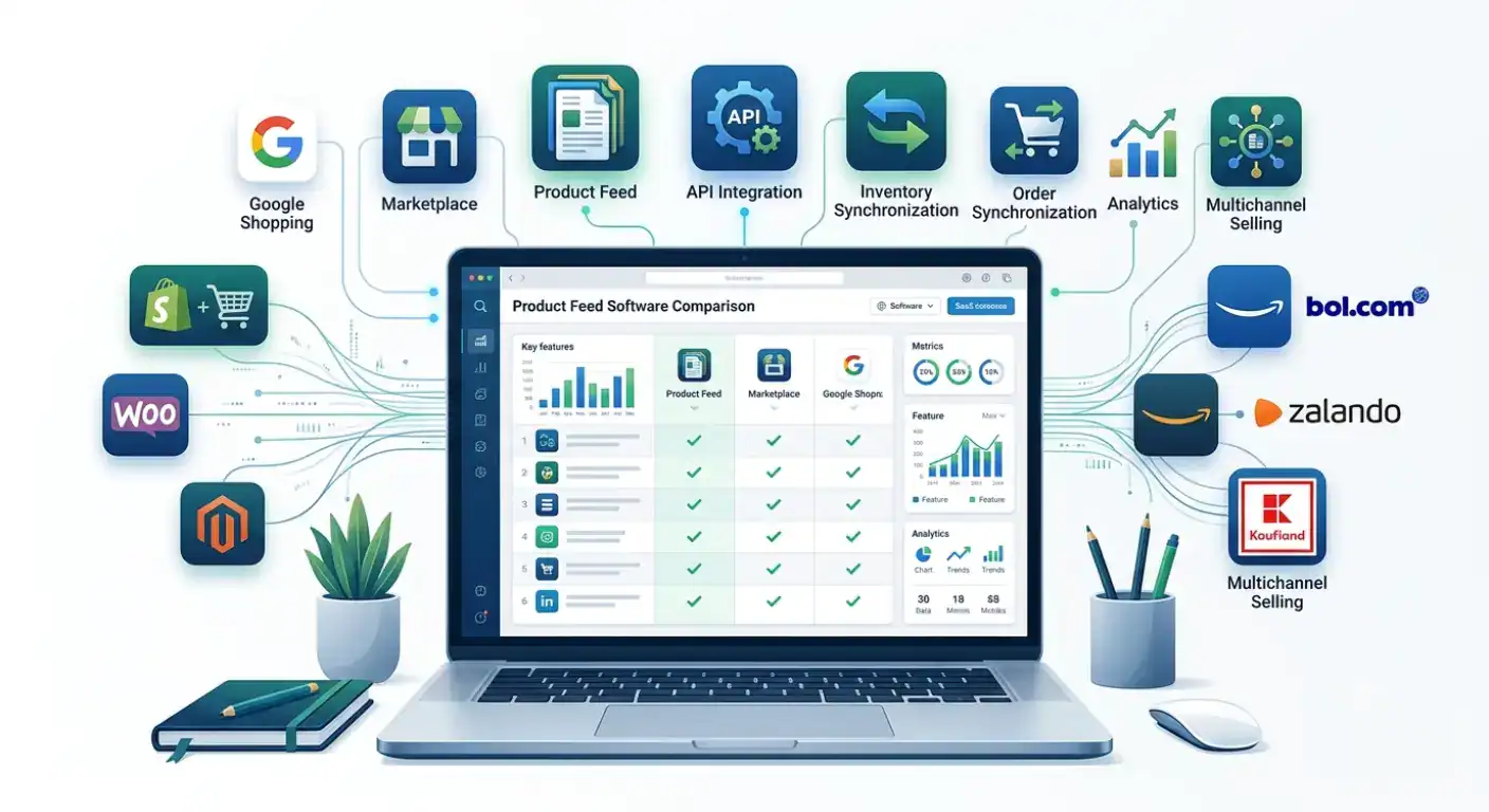 Featured illustration comparing product feed management software for e-commerce, showing multichannel product feed distribution, marketplace API integration, order synchronization, inventory sync, and connections between Shopify, WooCommerce, Google Shopping, Amazon, bol.com, Zalando, and other European sales channels to help merchants choose the best product feed software.