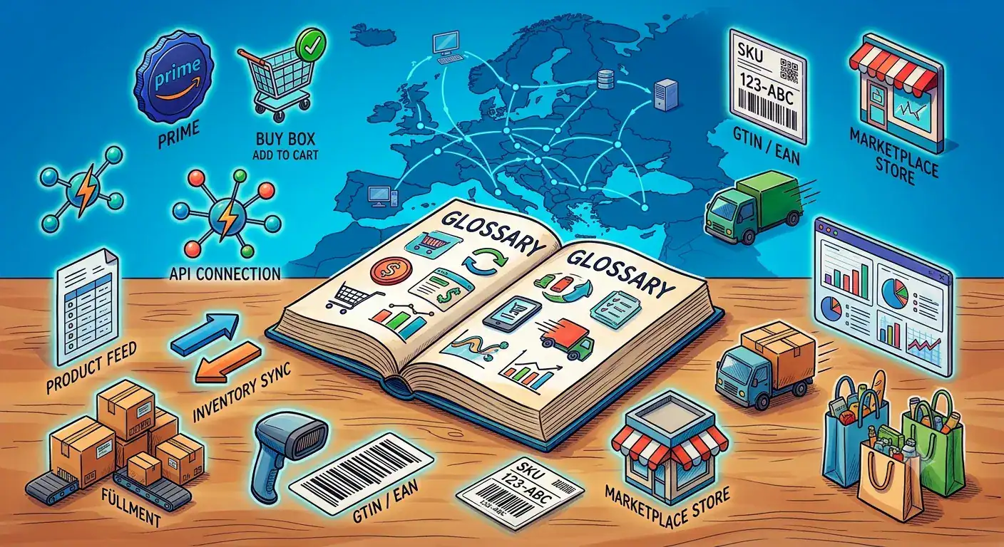 Illustratie van de verklarende woordenlijst voor marketplaces met concepten als Amazon Prime, Koopblok, API-verbinding, productfeed, voorraadsynchronisatie, SKU, GTIN/EAN, fulfillment, marketplace-winkel en Europese e-commerce integratie.