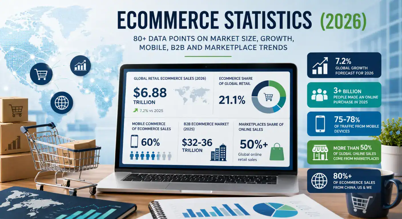 Uitgelichte illustratie die de belangrijkste e-commerce statistieken voor 2026 samenvat, inclusief de wereldwijde e-commerce marktomvang, groei van de detailhandelverkopen, mobiele handel, B2B e-commerce, trends op online marktplaatsen en Europese e-commerce inzichten. De infographic benadrukt belangrijke sectorgegevens, marktprognoses en digitale handelstrends voor online retailers en e-commercebedrijven.