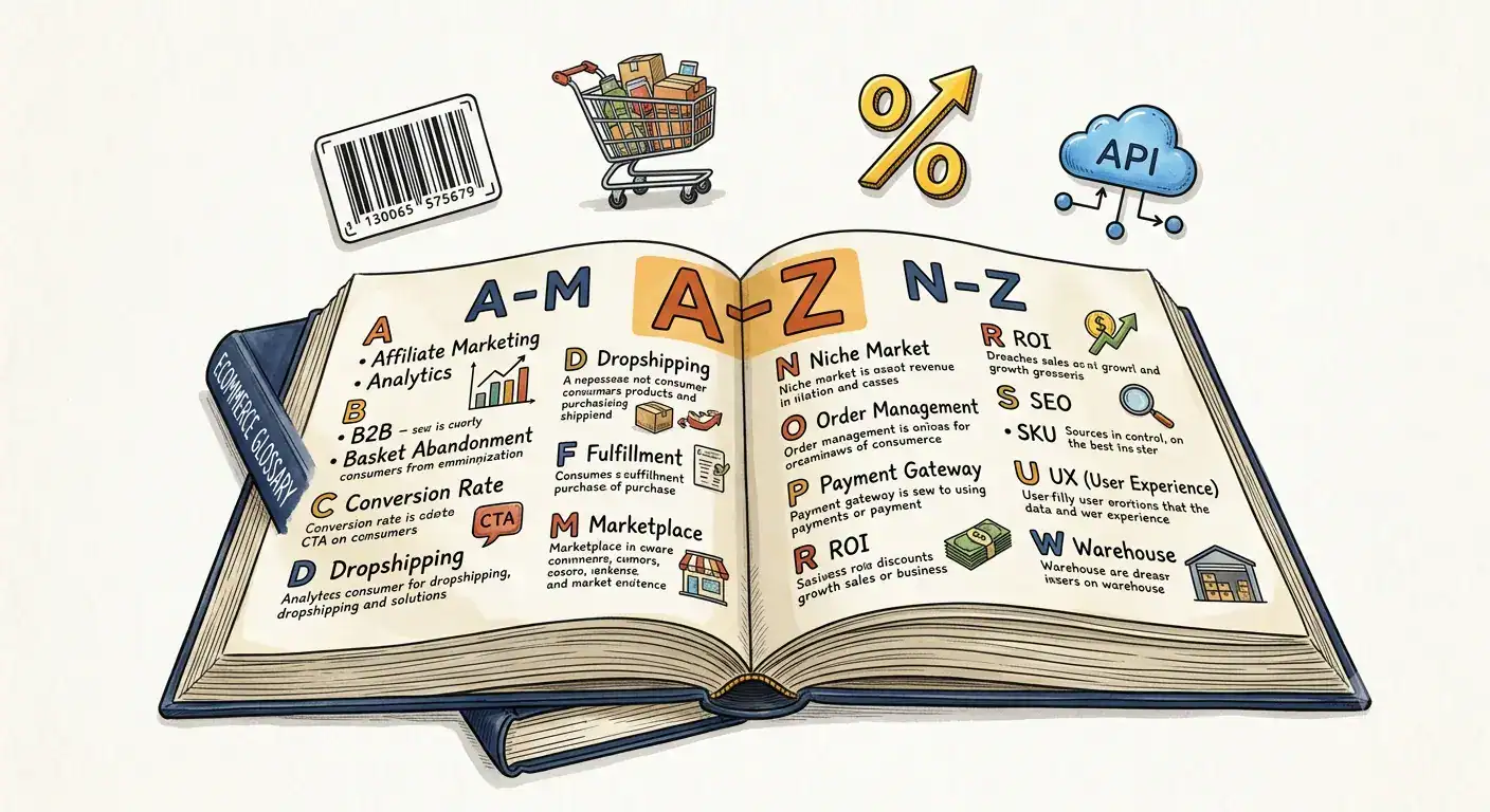 E-commerce woordenboek illustratie met A–Z e-commerce termen, productfeedmanagement, marktplaatsintegratie, API, fulfillment, voorraadbeheer en online verkoopconcepten.